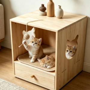 Solid Wood Cat House Nightstand Bedside Table for Indoor Cats Small Dogs Multi Functional Side Table with Drawer