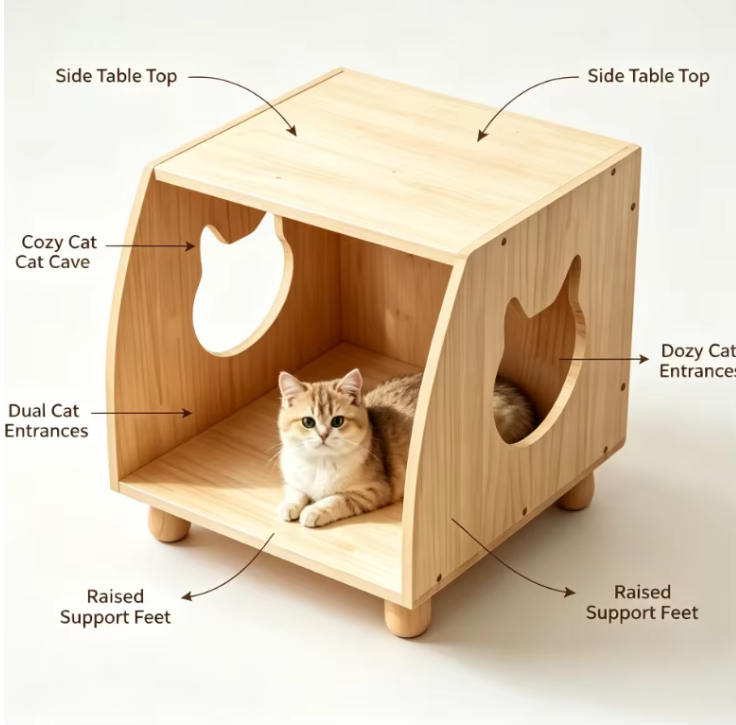 Modern Wooden Cat House Nightstand Pet Bed Side Table with Cat Face Cutout Multifunctional Indoor Pet Furniture for Wholesale - Image 2