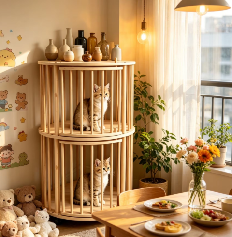 Round Double-Tier Solid Wood Cat Tower with Rolling Wheels & Side Table Top - Image 6