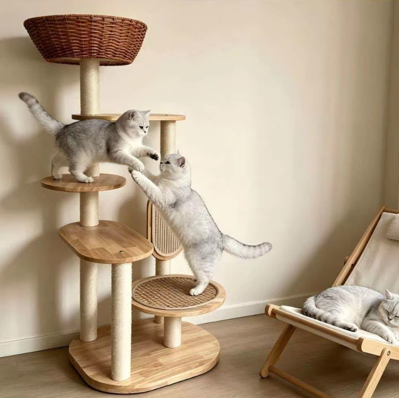Multi-Level Natural Wood Cat Tree with Rattan Basket & Scratching Board - Image 2