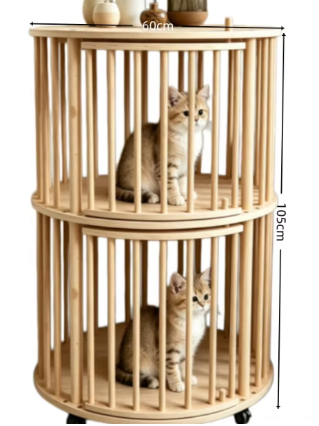 Round Double-Tier Solid Wood Cat Tower with Rolling Wheels & Side Table Top - Image 7