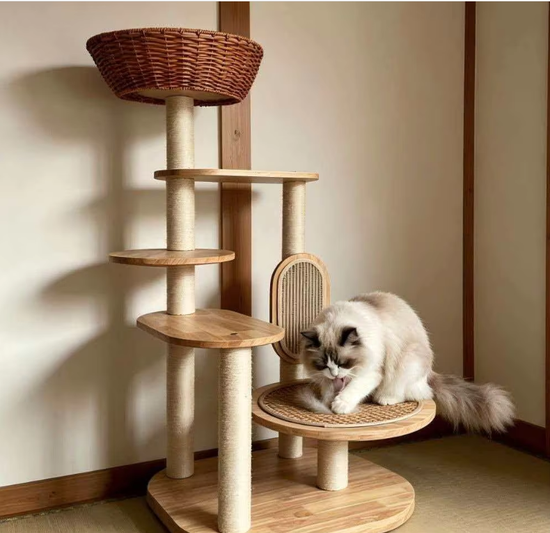 Multi-Level Natural Wood Cat Tree with Rattan Basket & Scratching Board - Image 3