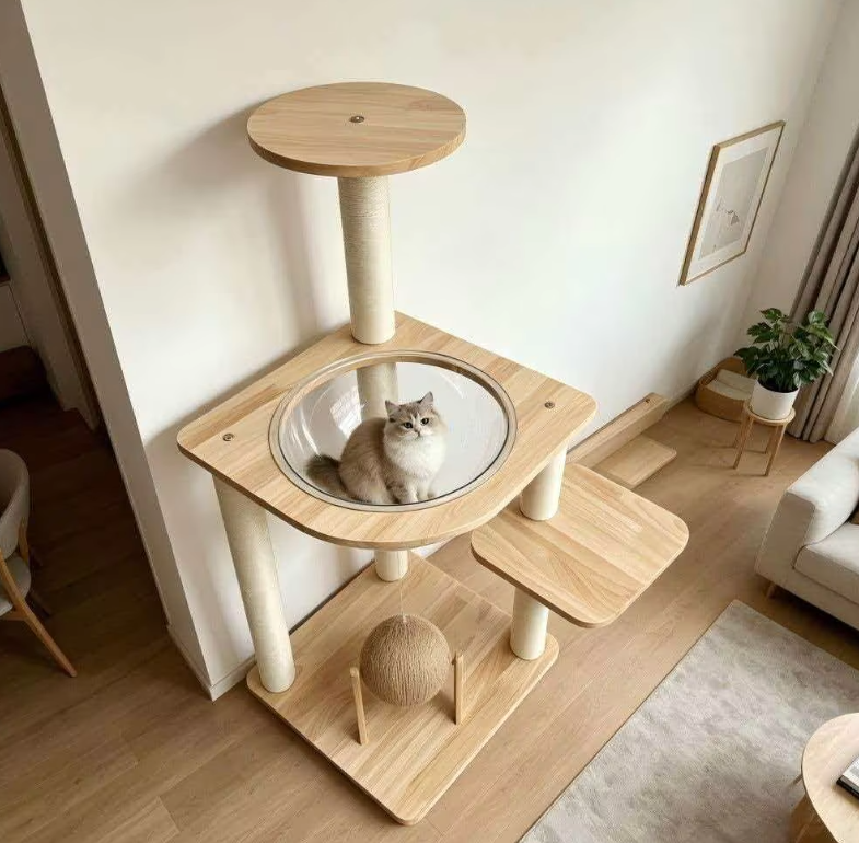 Modern Wooden Cat Tower with Clear Space Capsule & Sisal Scratch Ball - Image 2