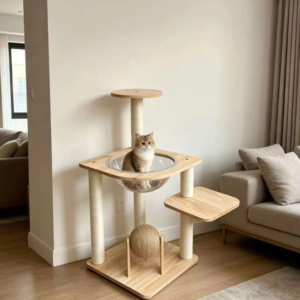 Modern Wooden Cat Tower with Clear Space Capsule & Sisal Scratch Ball