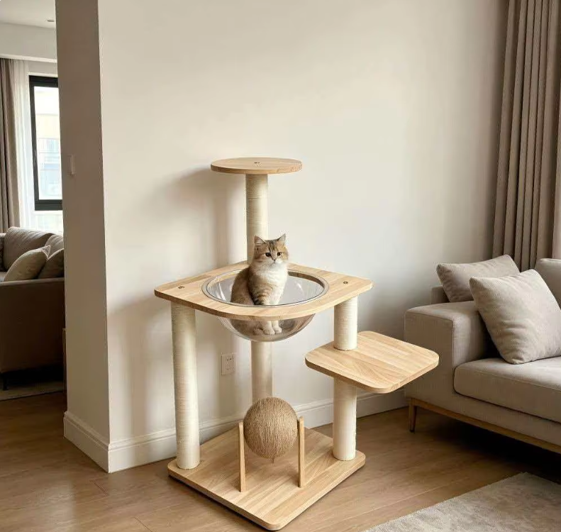 Modern Wooden Cat Tower with Clear Space Capsule & Sisal Scratch Ball