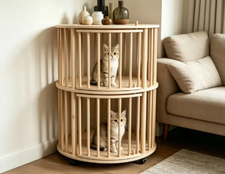 Round Double-Tier Solid Wood Cat Tower with Rolling Wheels & Side Table Top - Image 8