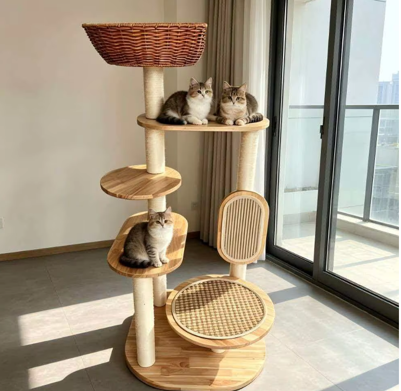 Multi-Level Natural Wood Cat Tree with Rattan Basket & Scratching Board - Image 4