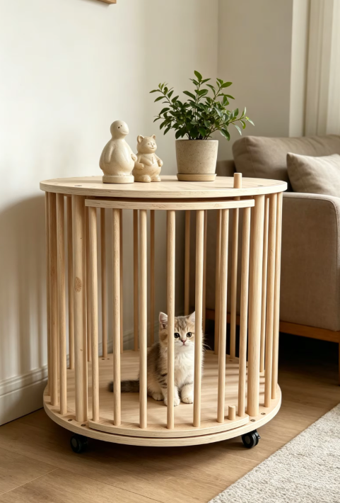 Round Solid Wood Single-Tier Cat Condo with Rolling Wheels & Side Table Top - Image 3