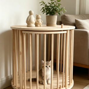 Round Solid Wood Single-Tier Cat Condo with Rolling Wheels & Side Table Top