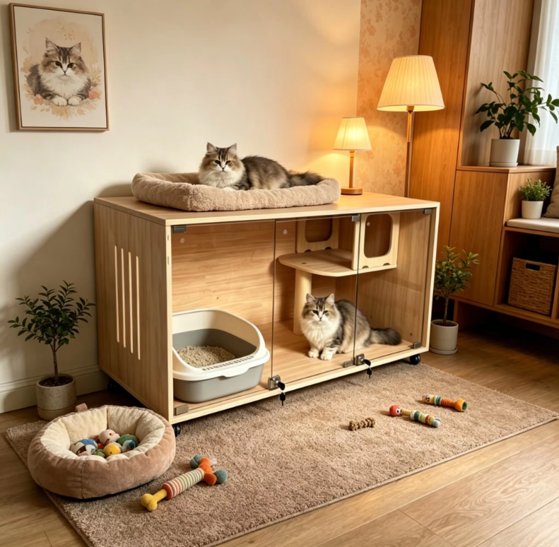 Modern Wooden Cat House with Tempered Glass Doors, Sisal Scratching Posts & Wheels - Image 3