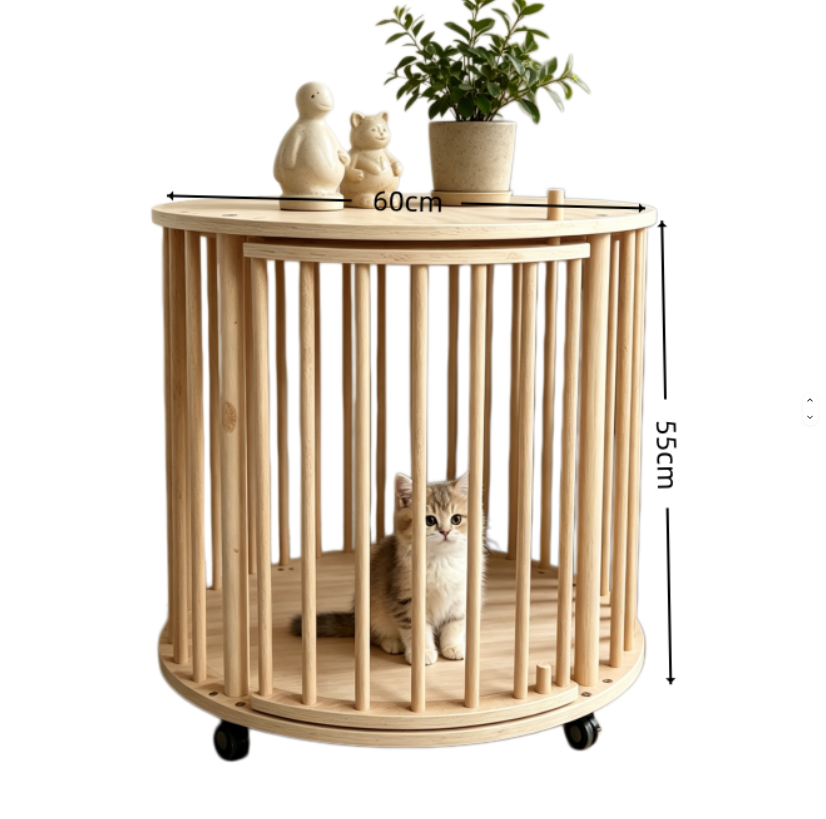 Round Solid Wood Single-Tier Cat Condo with Rolling Wheels & Side Table Top - Image 4