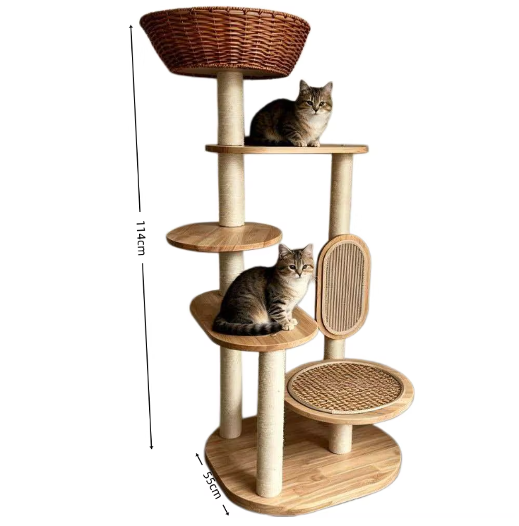 Multi-Level Natural Wood Cat Tree with Rattan Basket & Scratching Board - Image 5