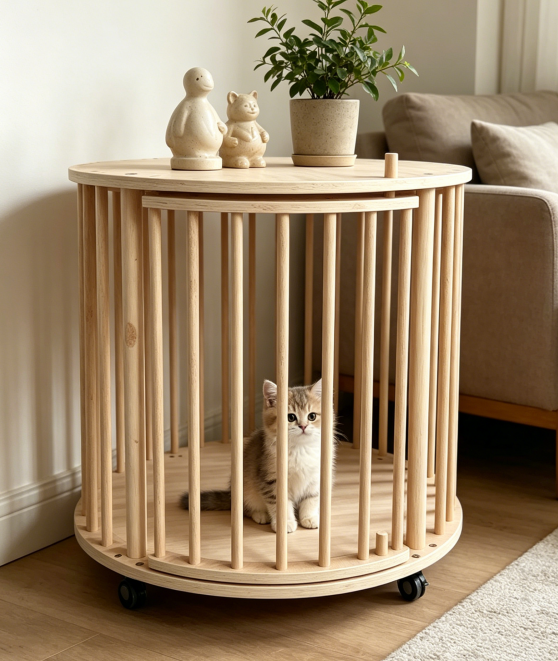 Round Solid Wood Single-Tier Cat Condo with Rolling Wheels & Side Table Top - Image 5