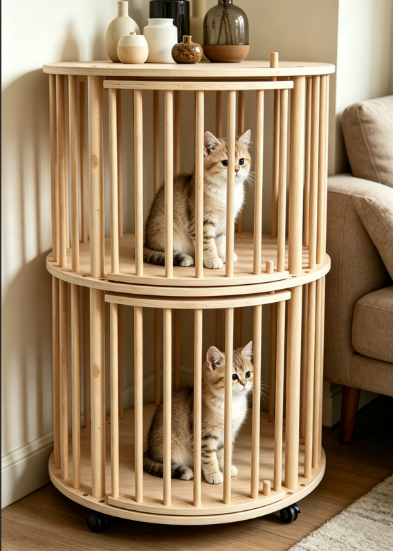 Round Double-Tier Solid Wood Cat Tower with Rolling Wheels & Side Table Top - Image 9