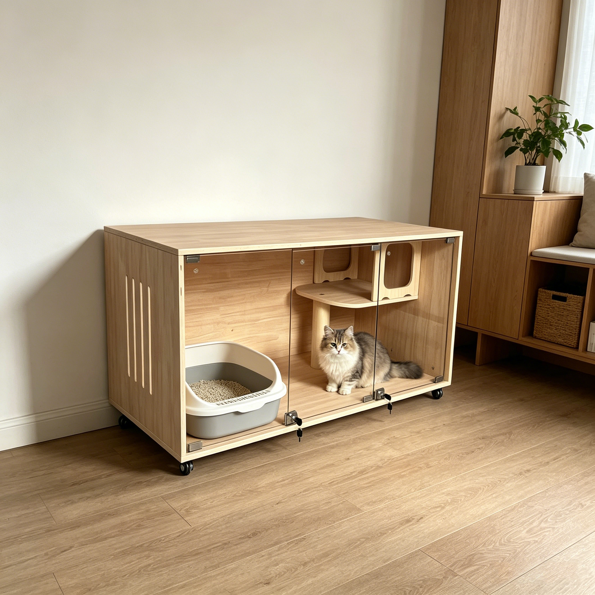 Modern Wooden Cat House with Tempered Glass Doors, Sisal Scratching Posts & Wheels