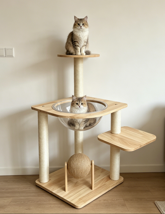 Modern Wooden Cat Tower with Clear Space Capsule & Sisal Scratch Ball - Image 4