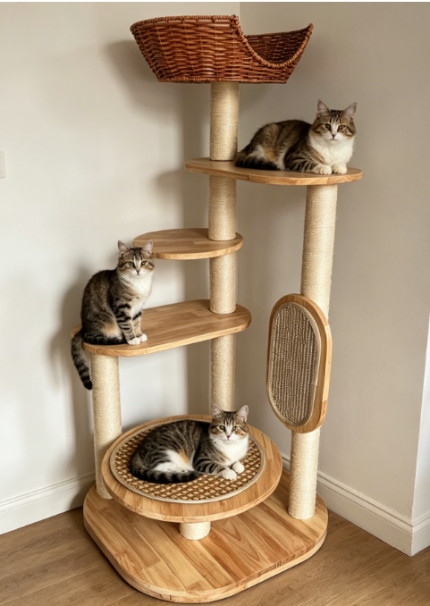 Multi-Level Natural Wood Cat Tree with Rattan Basket & Scratching Board - Image 6