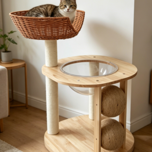 Chic Wooden Cat Tower with Woven Basket, Clear Capsule & Sisal Balls