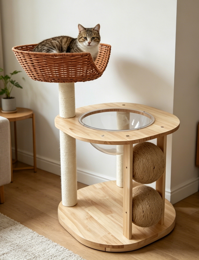 Chic Wooden Cat Tower with Woven Basket, Clear Capsule & Sisal Balls