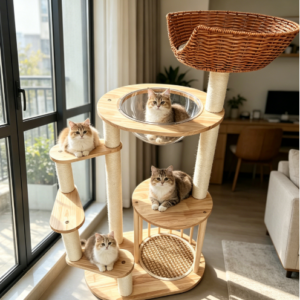 Multi-Level Solid Wood Cat Tree with Space Capsule & Rattan Baskset