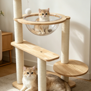 Compact Wooden Cat Tree with 360° Acrylic Space Capsule & Sisal Posts