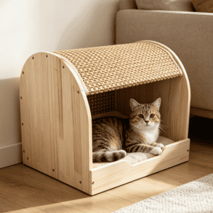 Solid Wood Cat House Indoor Modern Pet Bed with Sisal Scratcher Top Large Space Wooden Cat Condo for Cats Kittens Wholesale