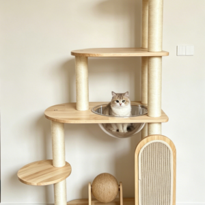 Multi-Level Wooden Cat Tower with Space Capsule & Interactive Scratch Ball