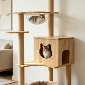 Tall Wooden Cat Tower with Private Condo, Space Capsule & Perch