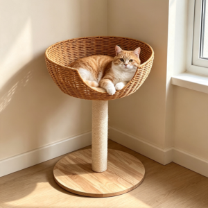 Elevated PE Rattan Cat Basket with Sisal Scratching Post & Wooden Base
