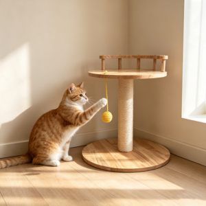 Minimalist Solid Wood Cat Perch with Sisal Scratching Post & Safety Railing