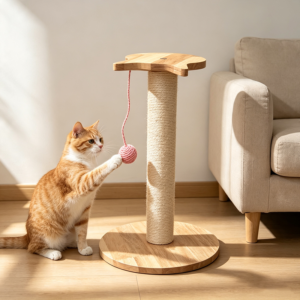 Cute Cat-Head Wooden Scratching Post with Interactive Ball Toy