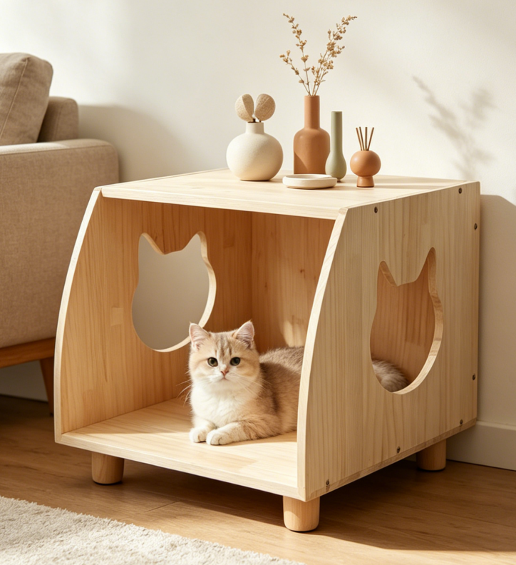 Modern Wooden Cat House Nightstand Pet Bed Side Table with Cat Face Cutout Multifunctional Indoor Pet Furniture for Wholesale - Image 3