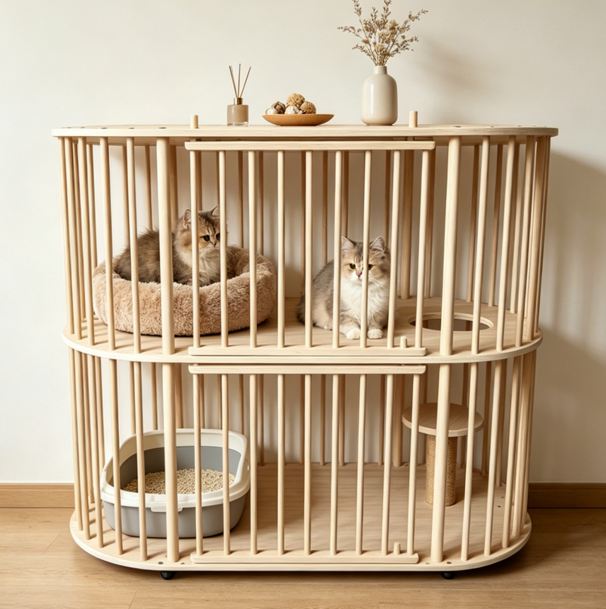 Double-Tier Solid Wood Cat Villa with Sisal Scratching Post & Rolling Wheels - Image 2