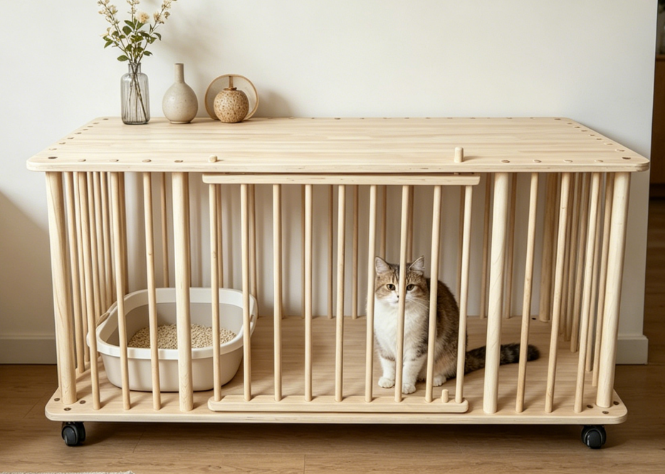 Solid Wood Single-Tier Cat Condo with Rolling Wheels & Spacious Top Shelf - Image 4