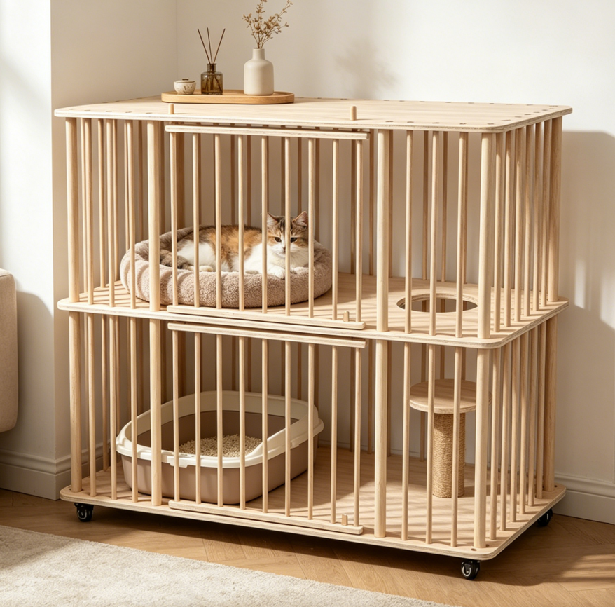 Double-Tier Solid Wood Cat Villa with Sisal Scratching Post & Rolling Wheels - Image 6