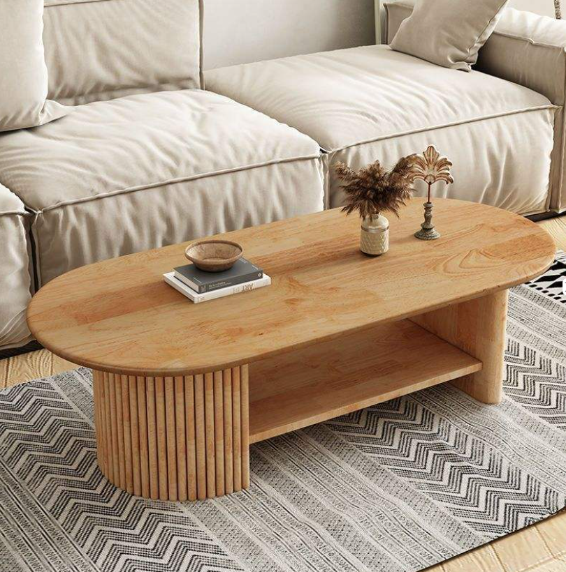 Scandinavian Pill-Shaped Coffee Table with Open Shelf & Fluted Leg - Image 11