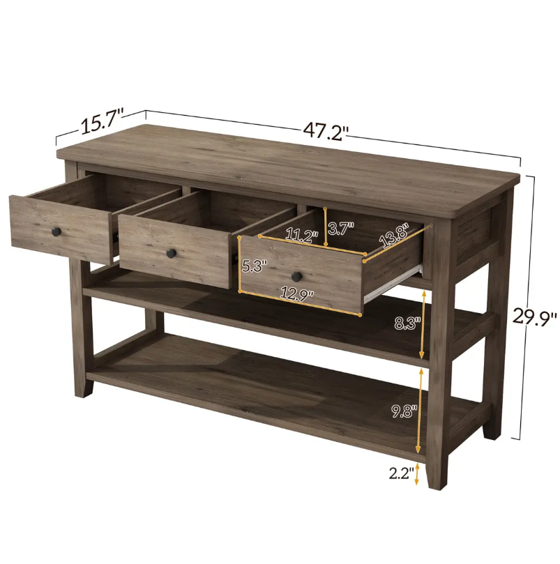 Rustic Console Table with 3 Drawers & 2-Tier Open Shelves - Image 5