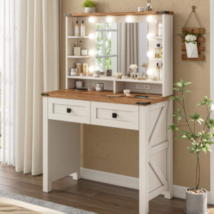 Farmhouse Vanity Desk with LED Mirror, Charging Station & Side Shelves