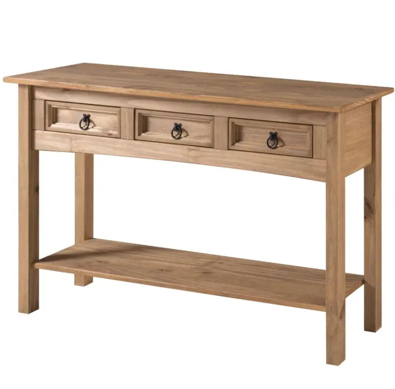 Solid New Zealand Pine Console Table with 3 Drawers & Vintage Ring Pulls - Image 3