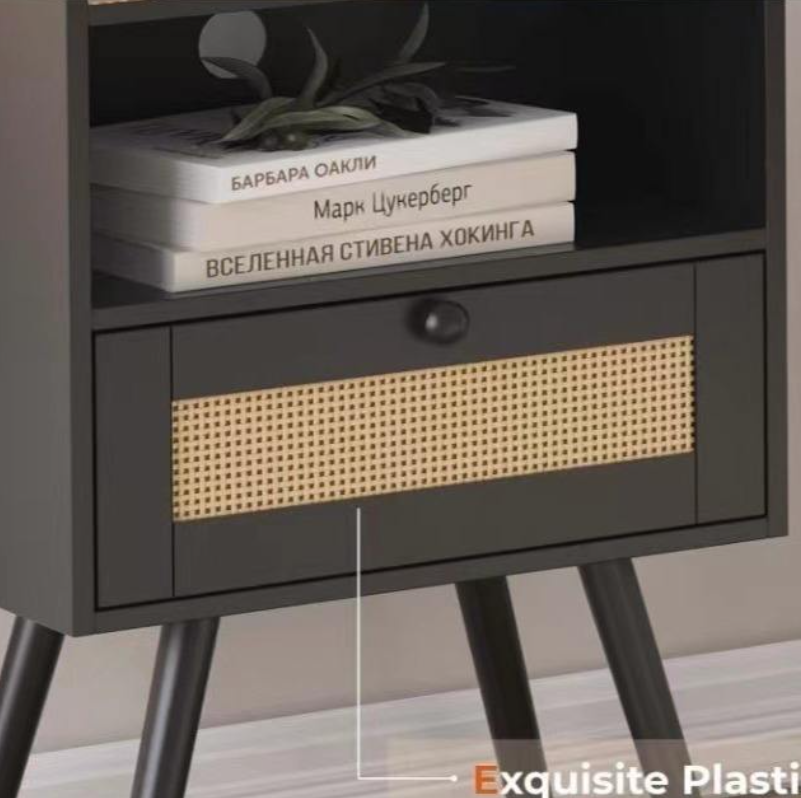 Black Nightstand with Built-in Charging Station, Rattan Drawer & Iron Legs - Image 3