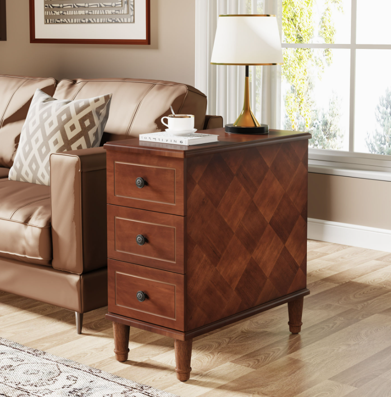 Vintage Solid Wood 3-Drawer End Table with Bronze Handles & Diamond Pattern - Image 7