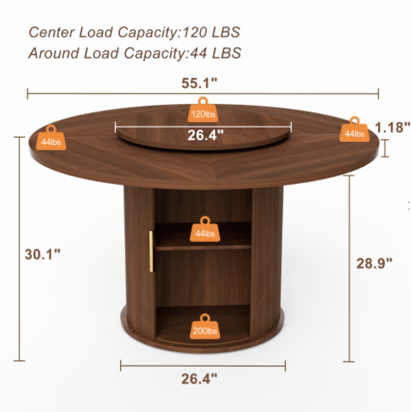 Round Dining Table with Lazy Susan Turntable & Cylindrical Storage Base - Image 6