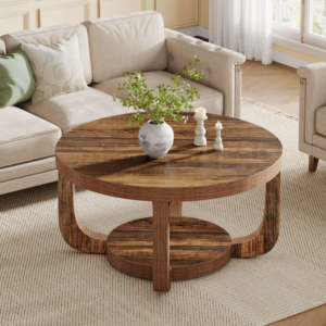 Rustic Round Coffee Table with Curved Legs & Round Bottom Shelf