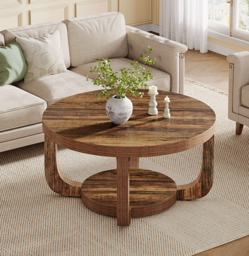 Rustic Round Coffee Table with Curved Legs & Round Bottom Shelf