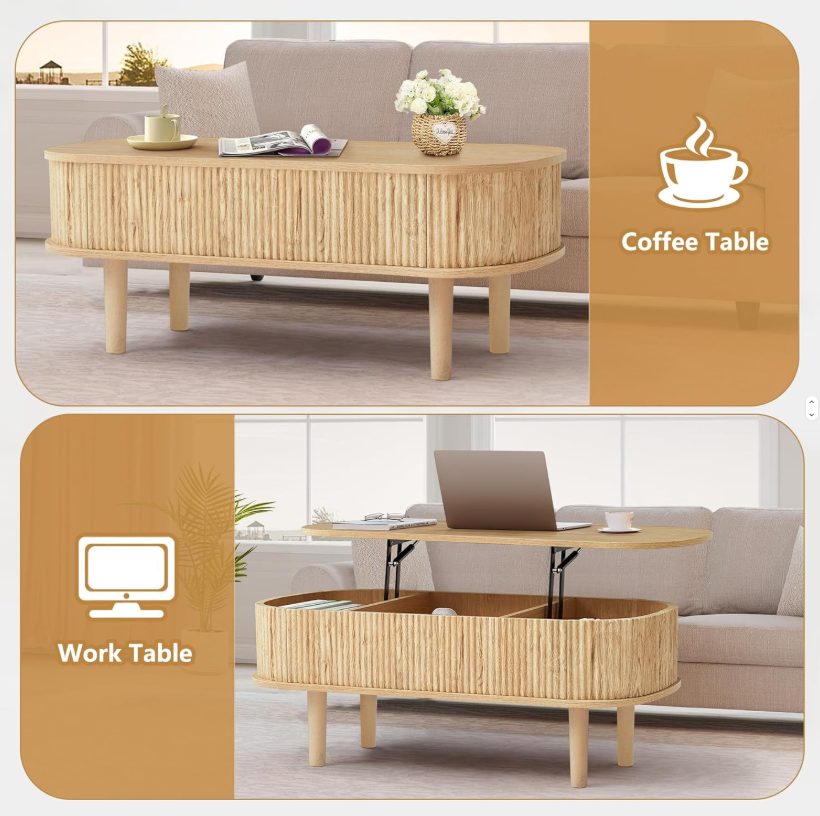 Fluted Lift-Top Coffee Table with Storage Compartments & Pre-Assembled Base - Image 5