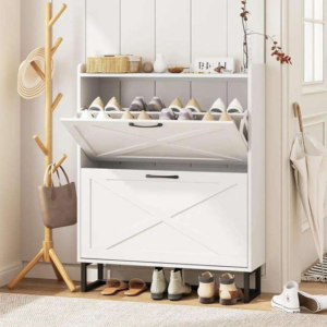 Farmhouse White Slim Shoe Cabinet with 2 Tilt-Out Drawers & Metal Legs
