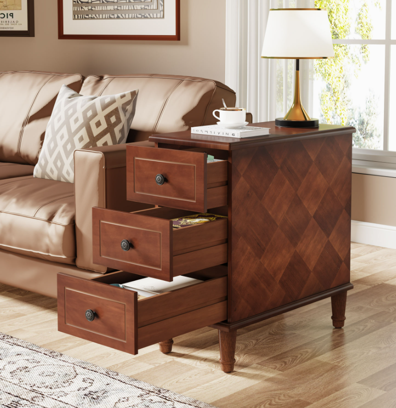 Vintage Solid Wood 3-Drawer End Table with Bronze Handles & Diamond Pattern - Image 3