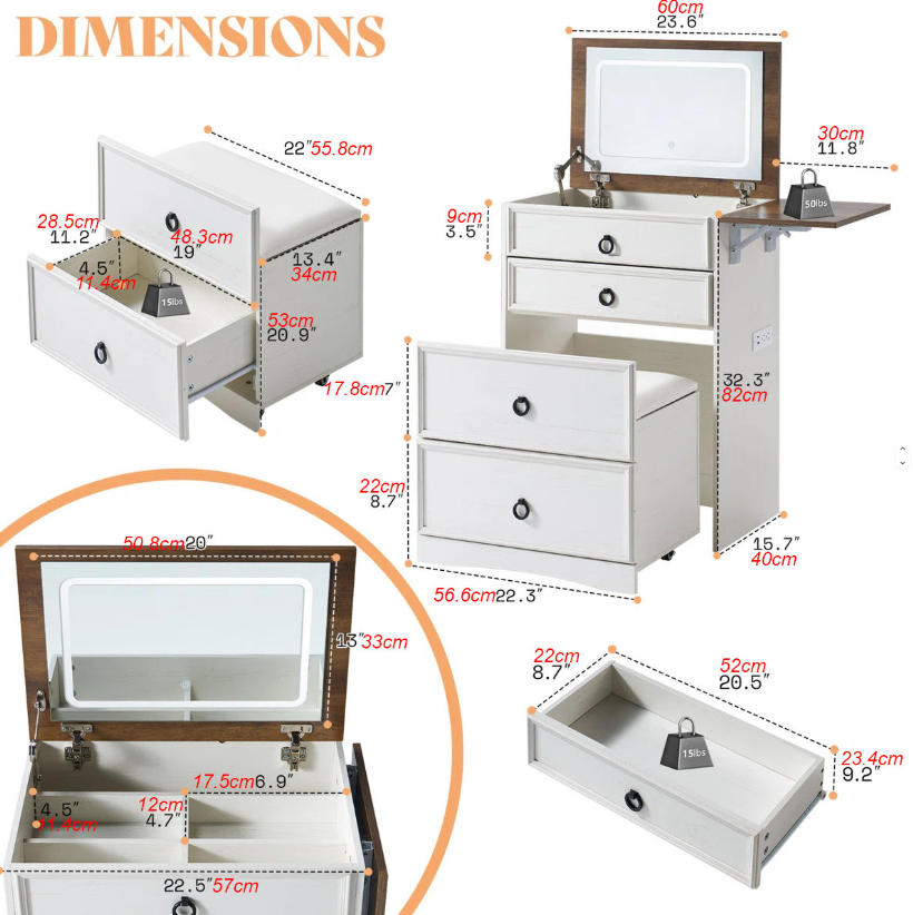 Farmhouse Vanity with LED Mirror, Drop-Leaf Tabletop & Storage Stool - Image 4