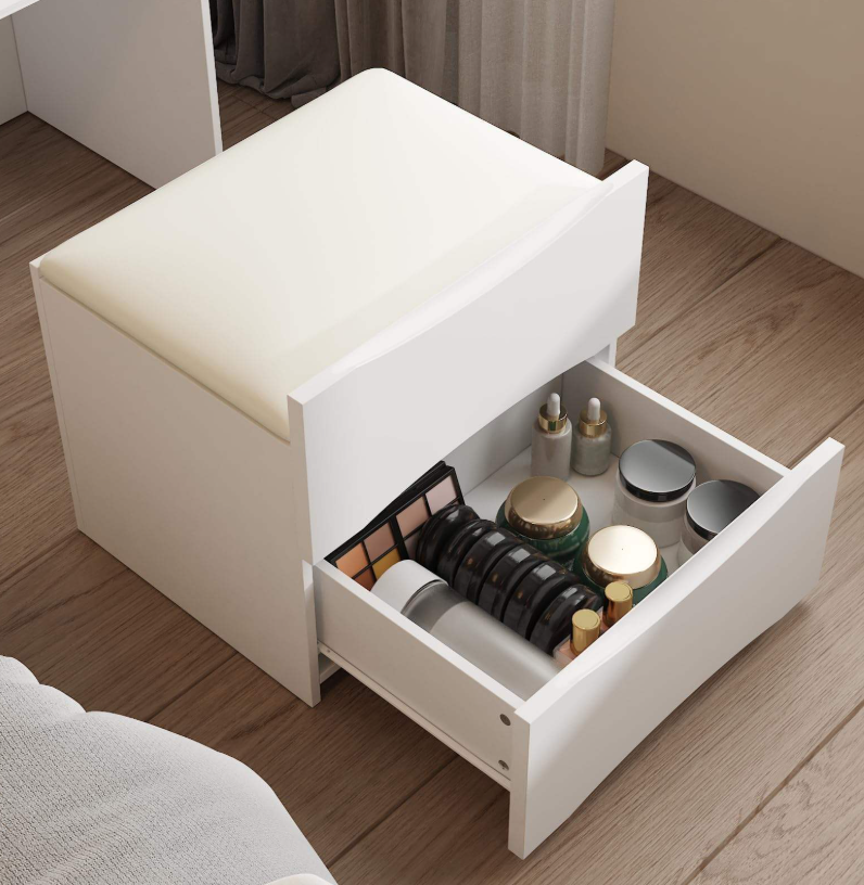 Space-Saving Vanity Desk with Flip-Up LED Mirror & Storage Stool - Image 3