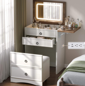 Farmhouse Vanity with LED Mirror, Drop-Leaf Tabletop & Storage Stool